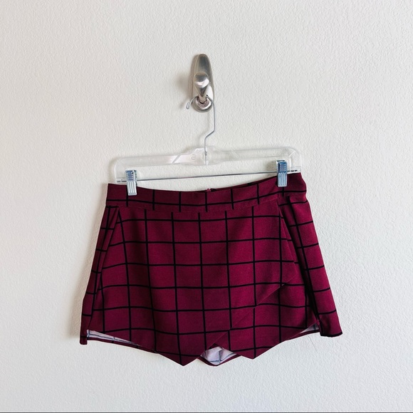 Maroon Black Grid Envelope Skirt Skort - Picture 2 of 9